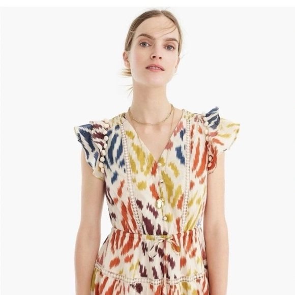 Point Sur J Crew Maxi Dress 8 Flutter Tiered
Ruffle Tie Tassel Pom Pom Ikat - Picture 3 of 12